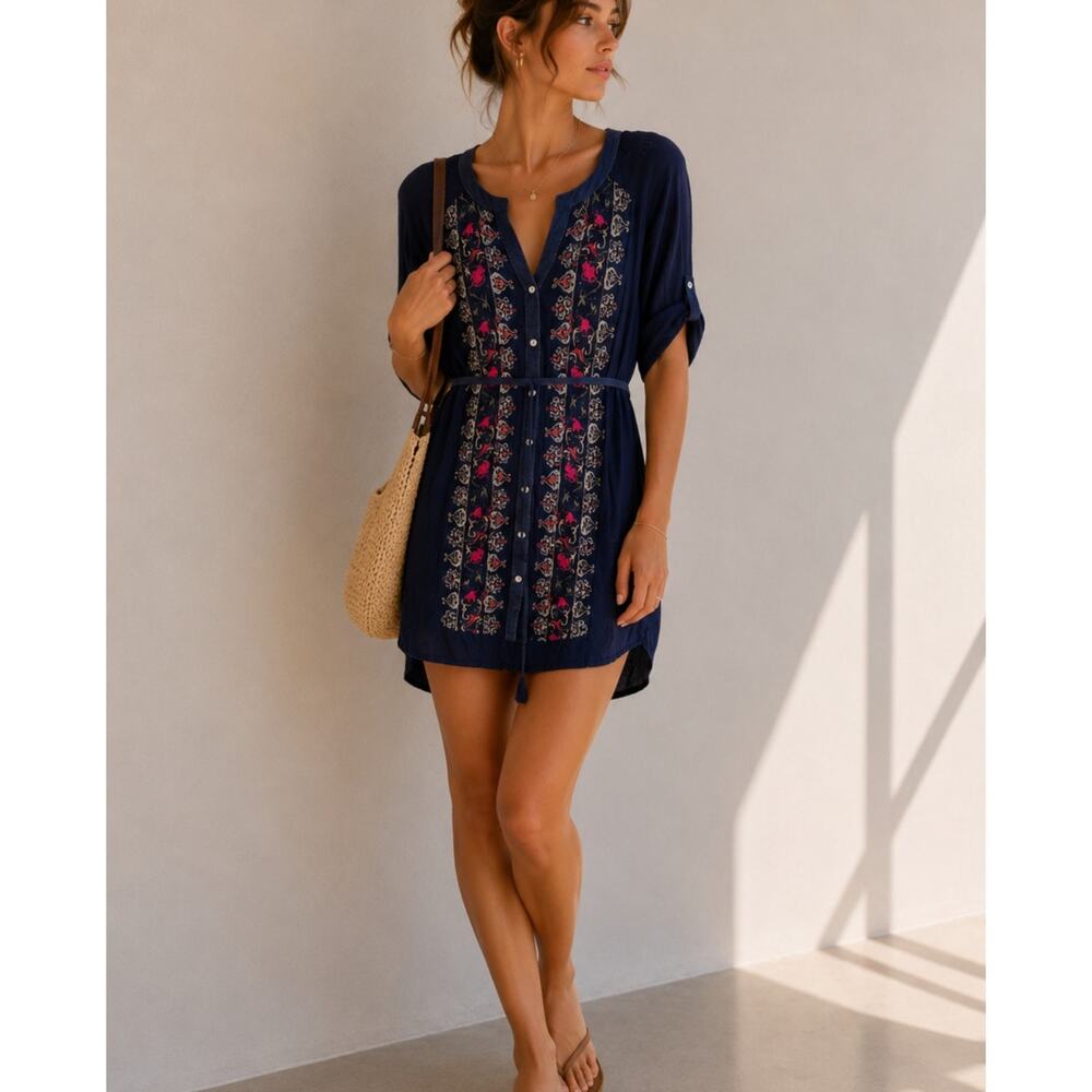 Tiny Anthropologie Blue Floral Embroidered Mini Shirt Dress Womens S Boho Casual